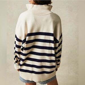 Free People Navy and Cream Striped Women's 1/4 Zip Turtleneck Sweater, Size L